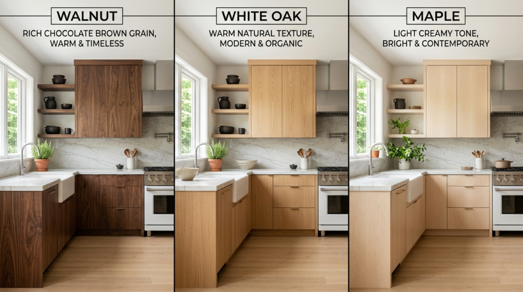 Walnut Kitchen Cabinets Pros and Cons Walnut kitchen cabinets compared with oak and maple cabinetry in three matching kitchen designs, highlighting differences in wood tone, grain pattern, and overall appearance.