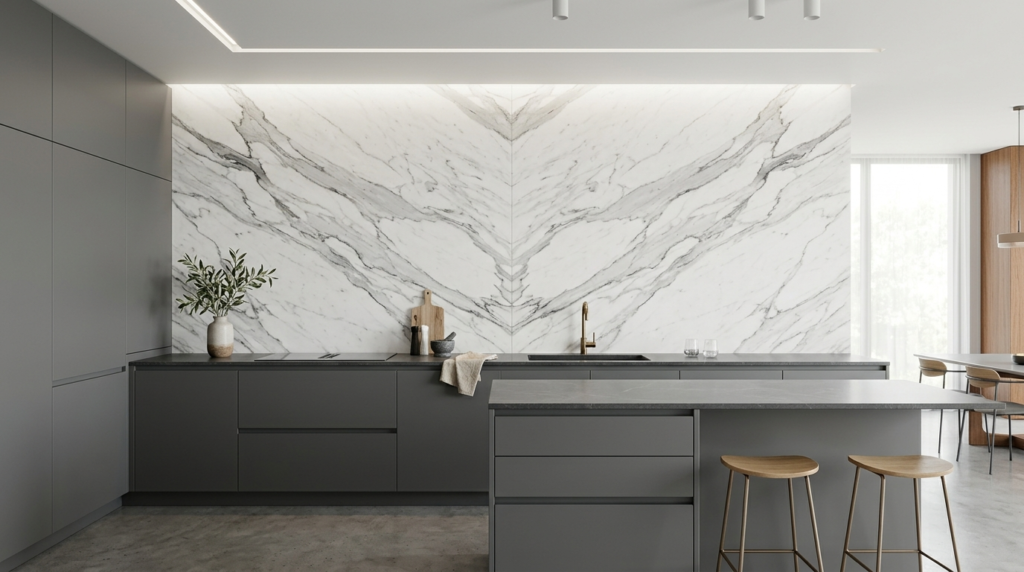Handleless Kitchen Cabinets Handleless kitchen cabinets go with a striking full-height backsplash.