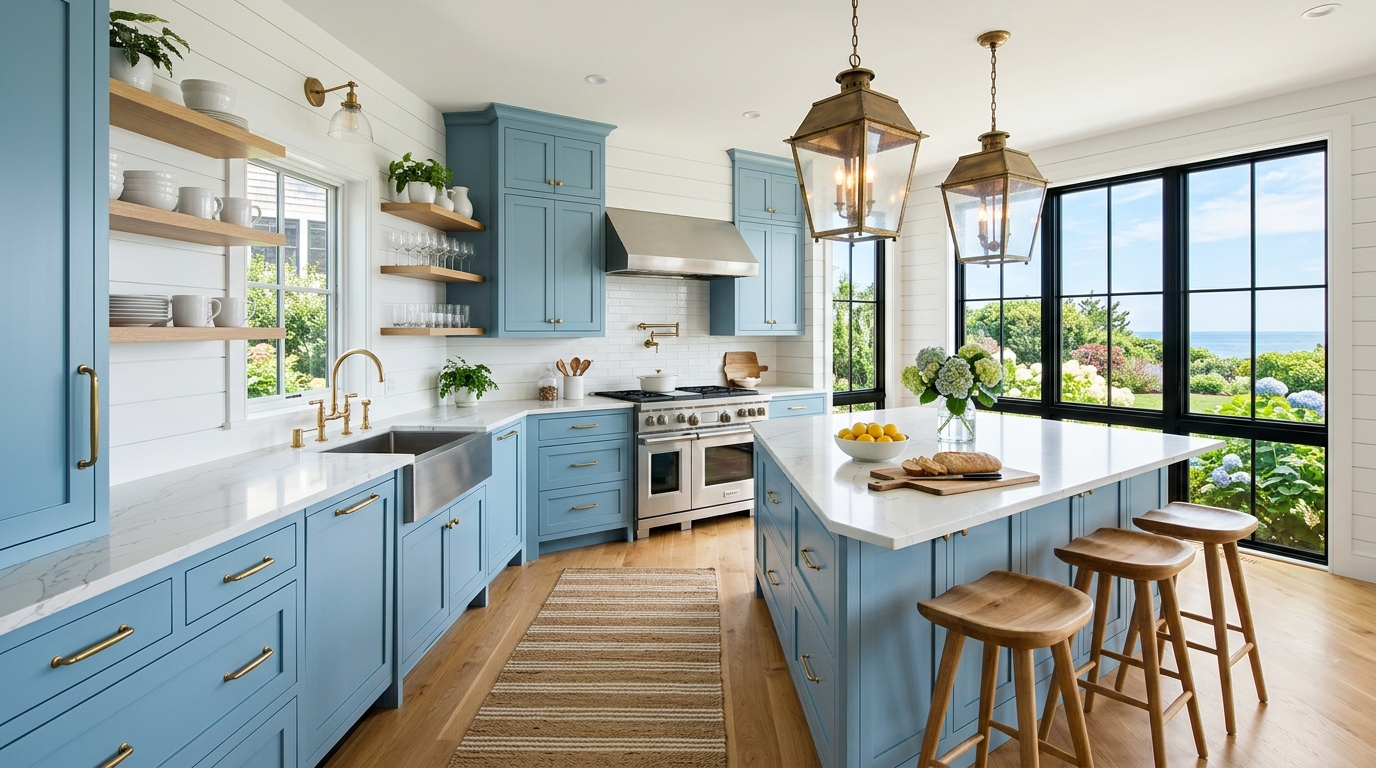 Blue Kitchen Cabinets Blue kitchen cabinets in a modern coastal kitchen, white quartz countertops, shiplap walls