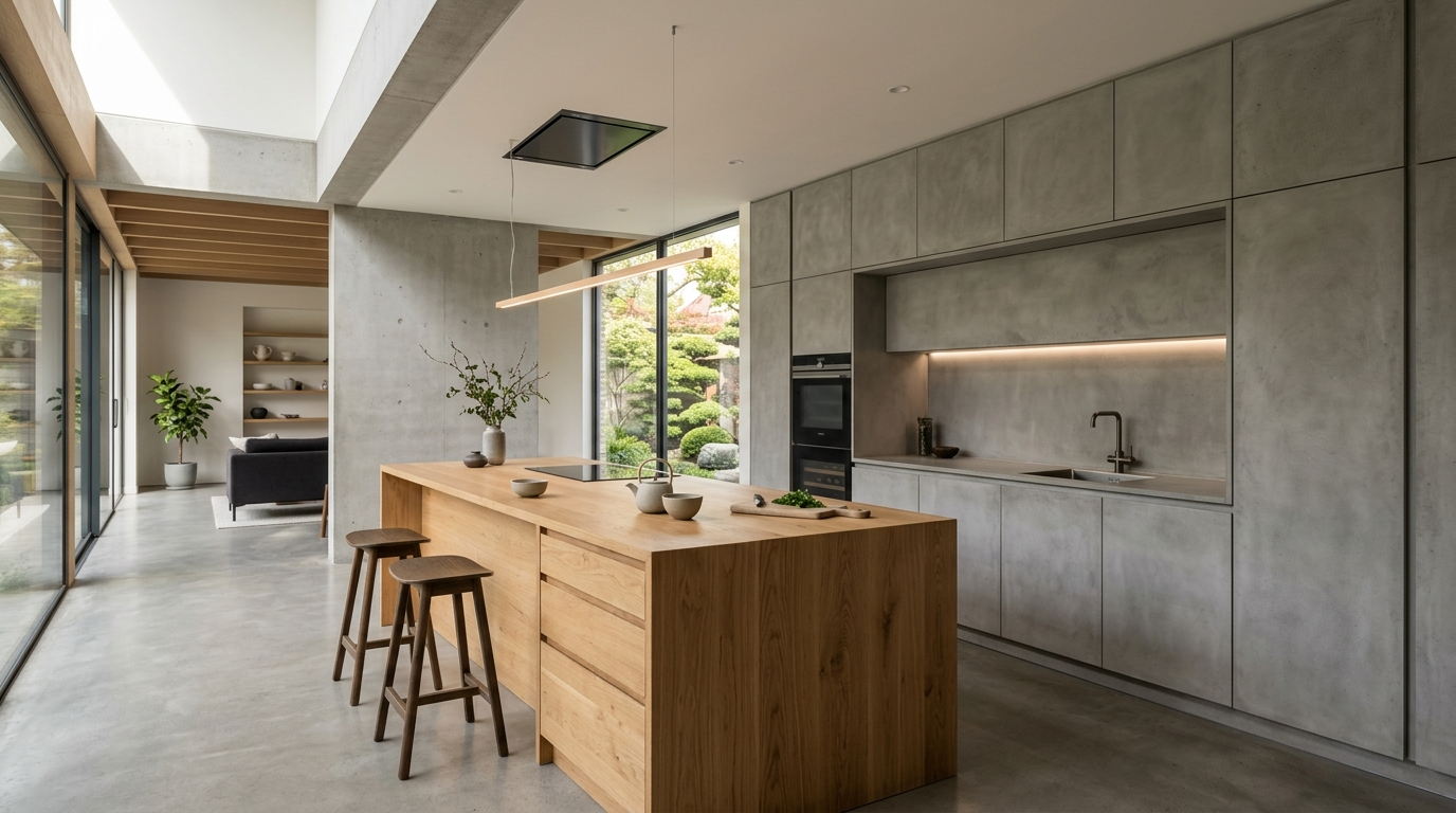 Concrete Look Kitchen Cabinets Minimalist kitchen with smooth concrete look cabinets, large island, concealed storage, architectural design