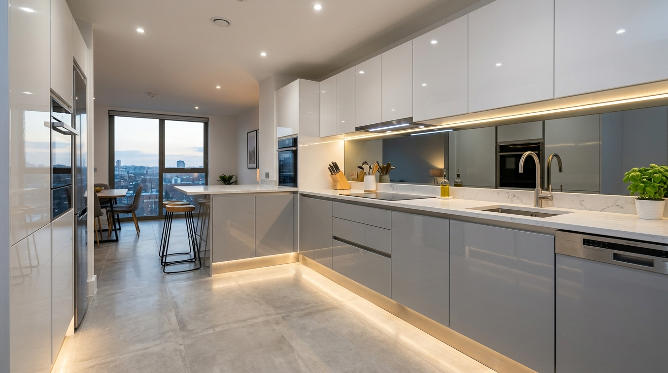 High Gloss Kitchen Cabinets L-shaped high gloss kitchen, mirror backsplash, contemporary style, LED toe-kick and under-cabinet lighting