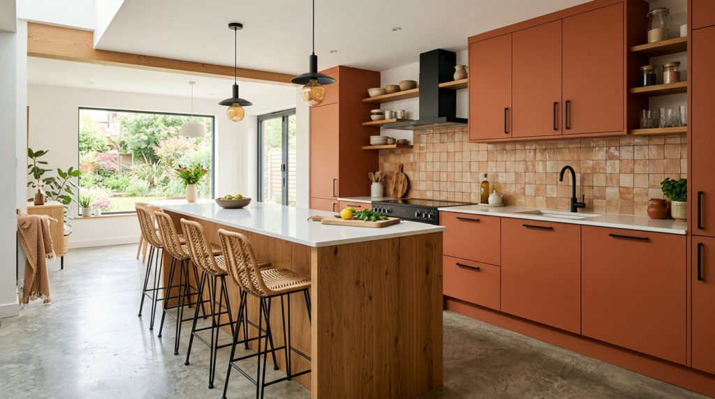 Colored Kitchen Cabinets Terracotta kitchen cabinets bringing warmth to a contemporary cooking space