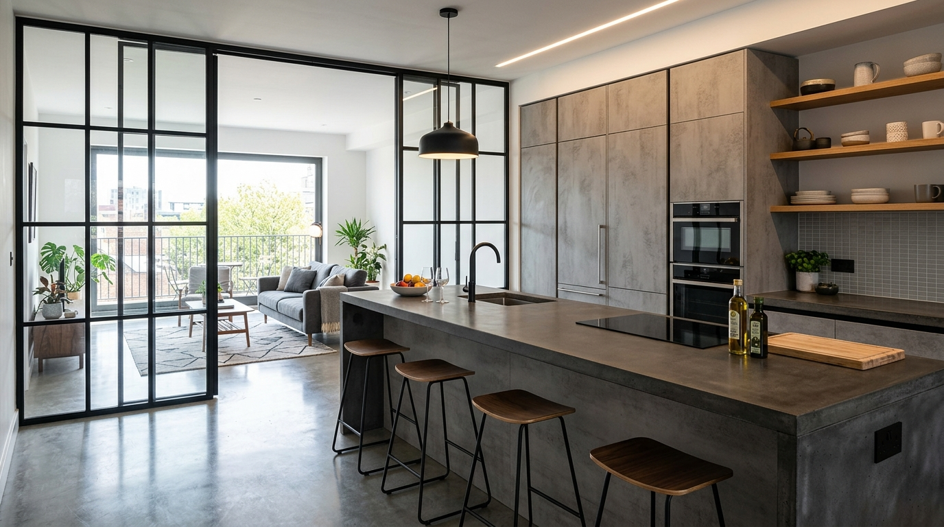 Concrete Look Kitchen Cabinets Open-concept kitchen with concrete effect cabinetry, oversized island, black-framed glass partitions, contemporary design