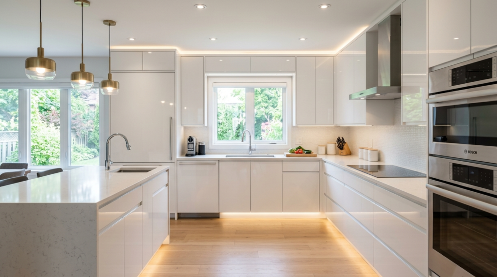 High Gloss Kitchen Cabinets U-shaped high-gloss kitchen cabinets, maximized storage, clean lines, and a well-done lighting arrangement