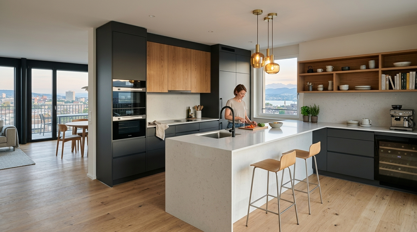 European Kitchen Cabinets: The Trendiest Choice for Modern Homes European-style cabinetry with a matte dark gray finish, paired with a white stone peninsula.
