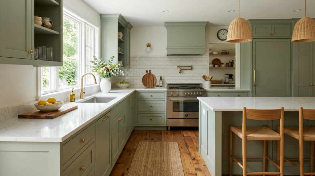 Colored Kitchen Cabinets Sage green kitchen cabinets paired with white quartz countertops and warm wood flooring