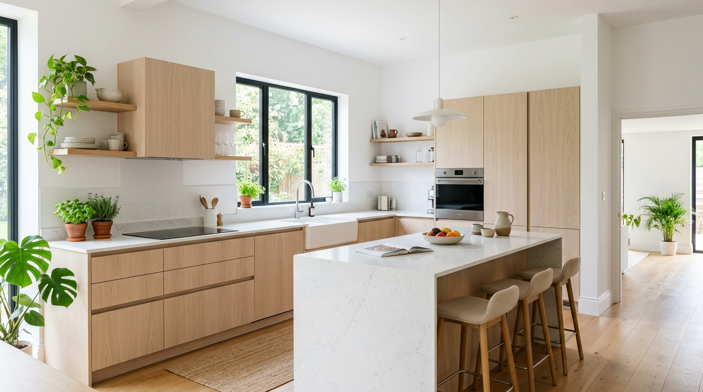 Italian Kitchen Cabinets Italian kitchen cabinets in light wood veneer, Scandinavian Italian fusion style, airy and bright space with white walls, and a quartz countertop.