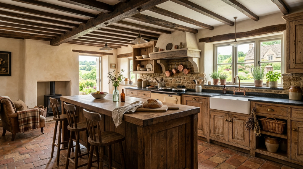 Country Style Kitchen Cabinets Rustic country kitchen featuring distressed oak cabinets, exposed ceiling beams, stone backsplash, cozy countryside atmosphere