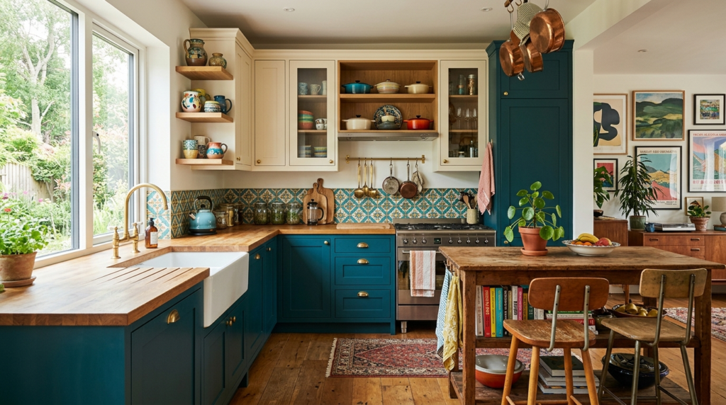 Colored Kitchen Cabinets Two-tone teal and cream kitchen cabinets in an eclectic modern home