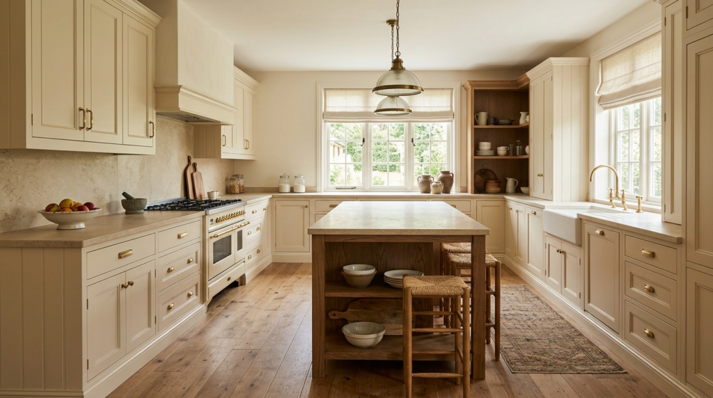Classic Kitchen Cabinets Monochromatic cream kitchen with classic cabinets and limestone countertops