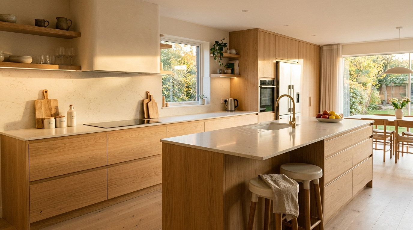 Handleless Kitchen Cabinets Warm modern handleless kitchen cabinets in natural oak with J-profile grooved door tops.