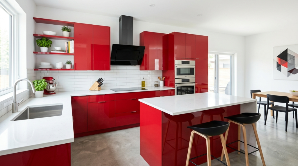 High Gloss Kitchen Cabinets Red high gloss kitchen cabinets, bold statement design, white walls