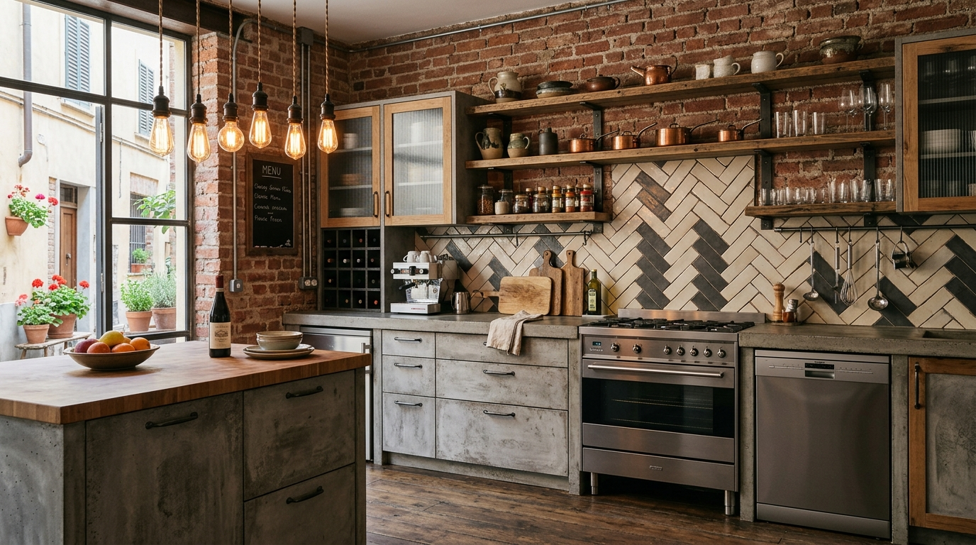 Italian Kitchen Cabinets Industrial-style Italian kitchen cabinets with a concrete-look finish, exposed brick walls, Edison bulbs, and mixed-material fronts.