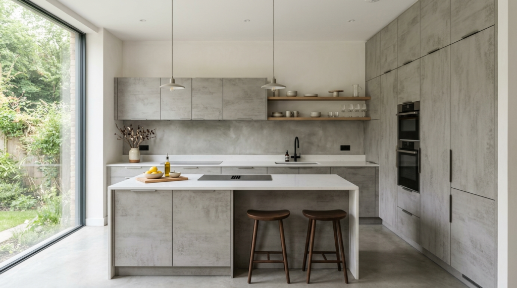 Concrete Look Kitchen Cabinets Modern minimalist kitchen with concrete look cabinets, white quartz countertop, hidden handles, floor-to-ceiling storage, soft daylight