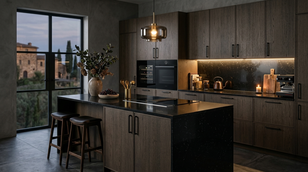 Italian Kitchen Cabinets Modern Italian kitchen cabinets in smoked oak, with a black granite countertop and moody ambient lighting.