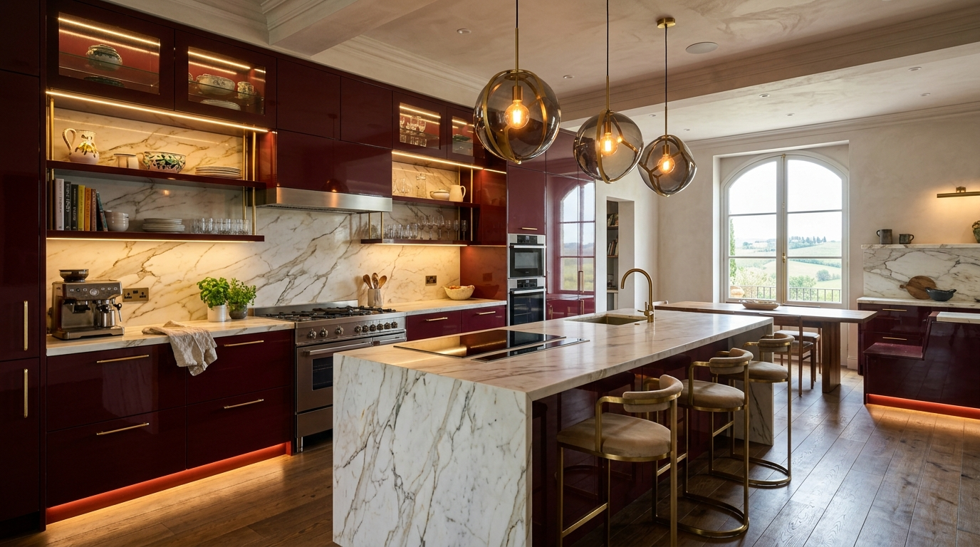 Italian Kitchen Cabinets Bold Italian kitchen cabinets in burgundy lacquer, marble backsplash, statement pendant lights, and integrated lighting.