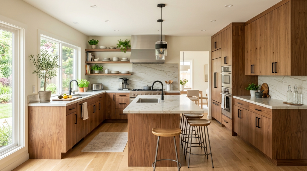 Light vs Dark Walnut Kitchen Cabinets: Which Finish Works Best? Light walnut kitchen cabinets with warm natural wood grain, paired with stone countertops and modern finishes in a bright contemporary kitchen.