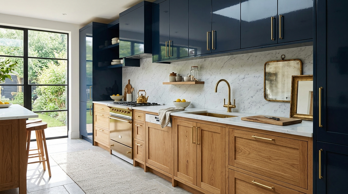 High Gloss Kitchen Cabinets Two-tone high gloss kitchen, deep navy upper cabinets and warm oak base, brass hardware