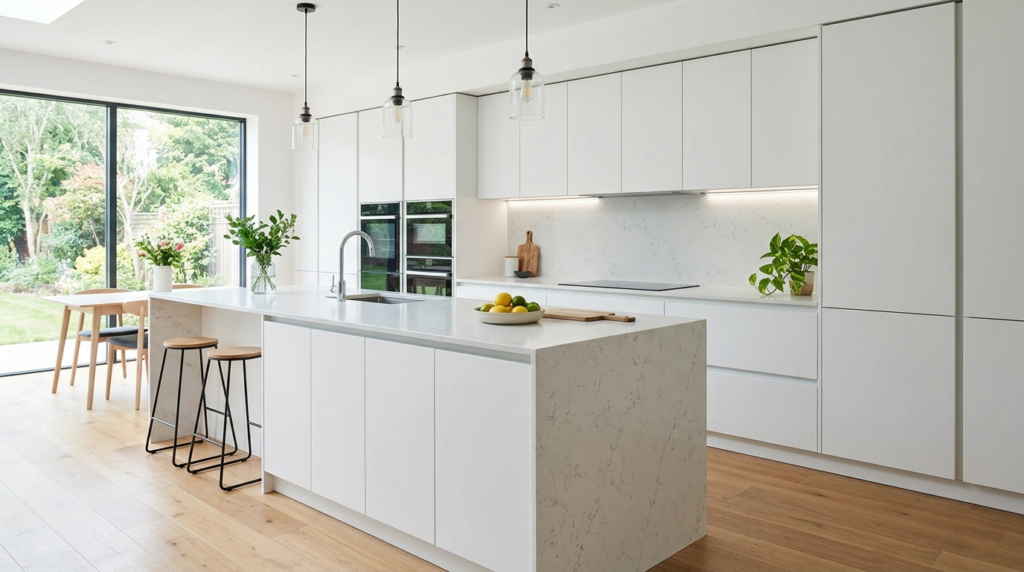 Frameless Kitchen Cabinets Sleek frameless kitchen with full-overlay matte white doors running in a seamless unbroken line