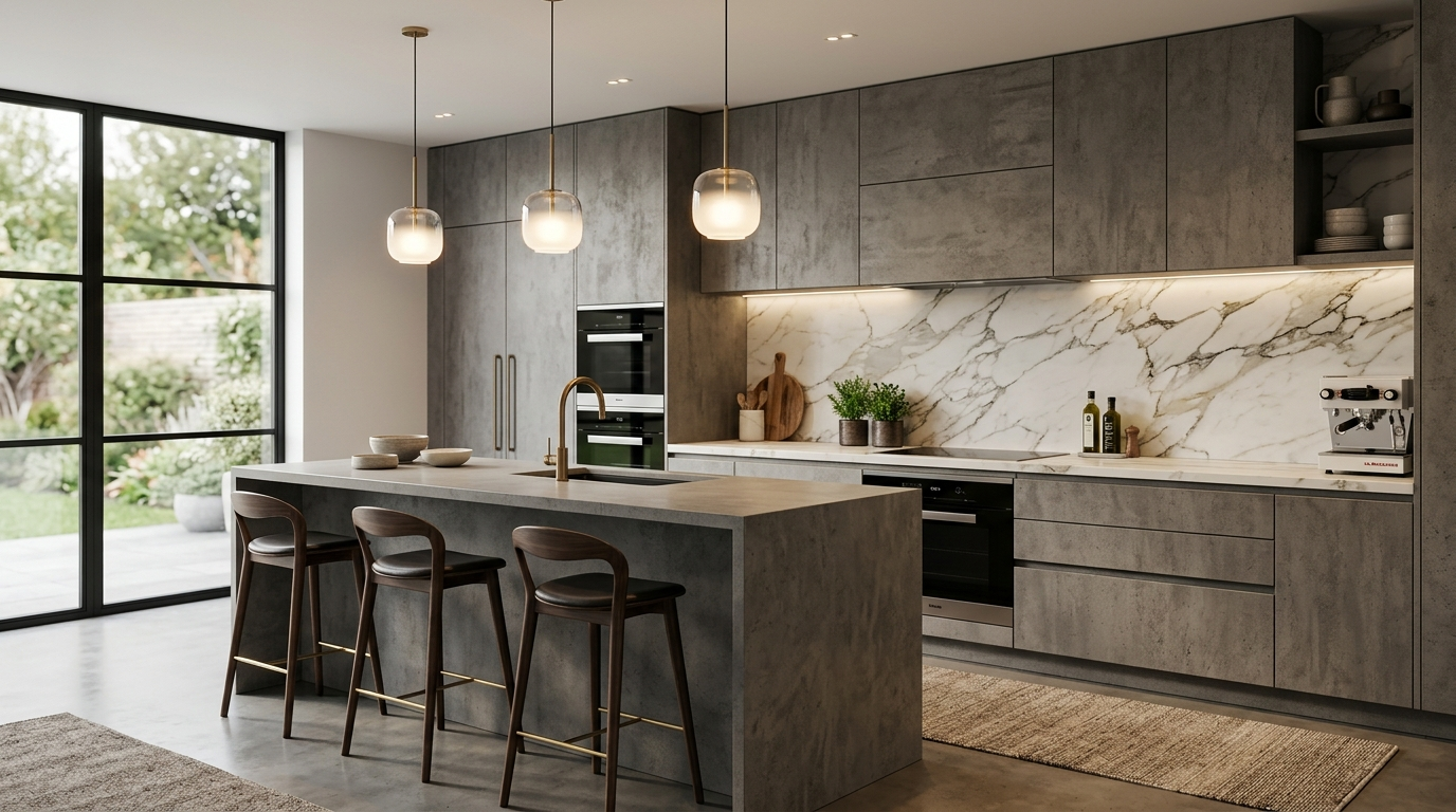 Concrete Look Kitchen Cabinets High-end kitchen featuring concrete look slab cabinets, marble backsplash, integrated appliances, elegant lighting