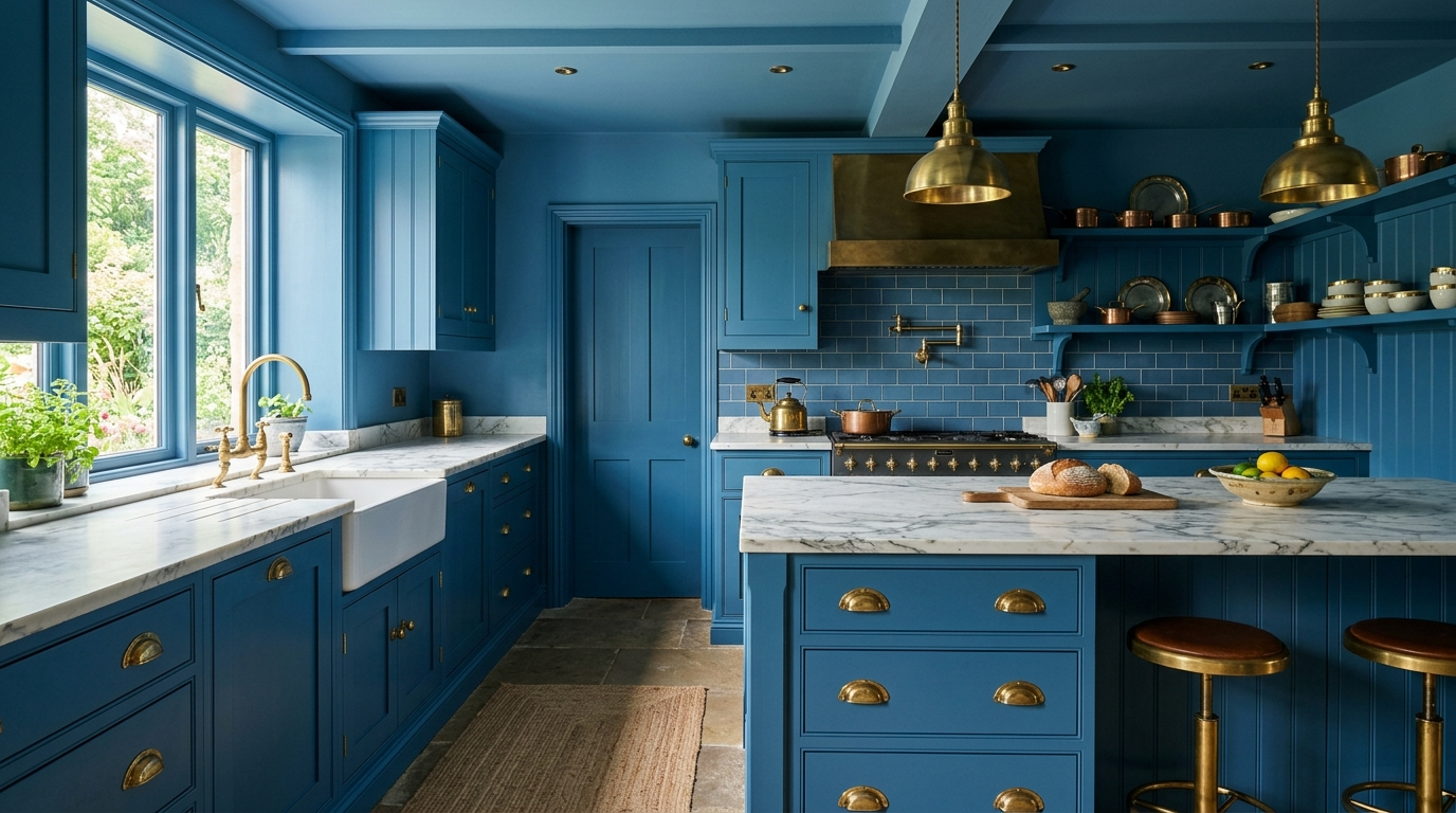 Classic Kitchen Cabinets The kitchen is drenched in blue color, featuring classic cabinets, brass details, and a stone countertop.