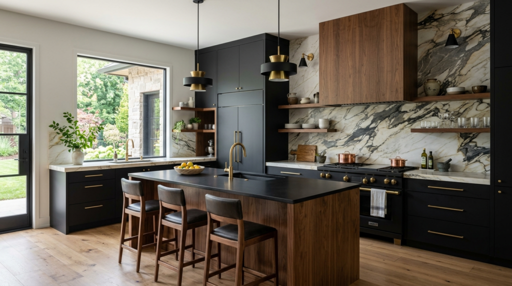 Designer Kitchen Cabinets, Made to Your Kitchen A luxury kitchen featuring matte black cabinets, walnut accents, and a dramatic stone backsplash.