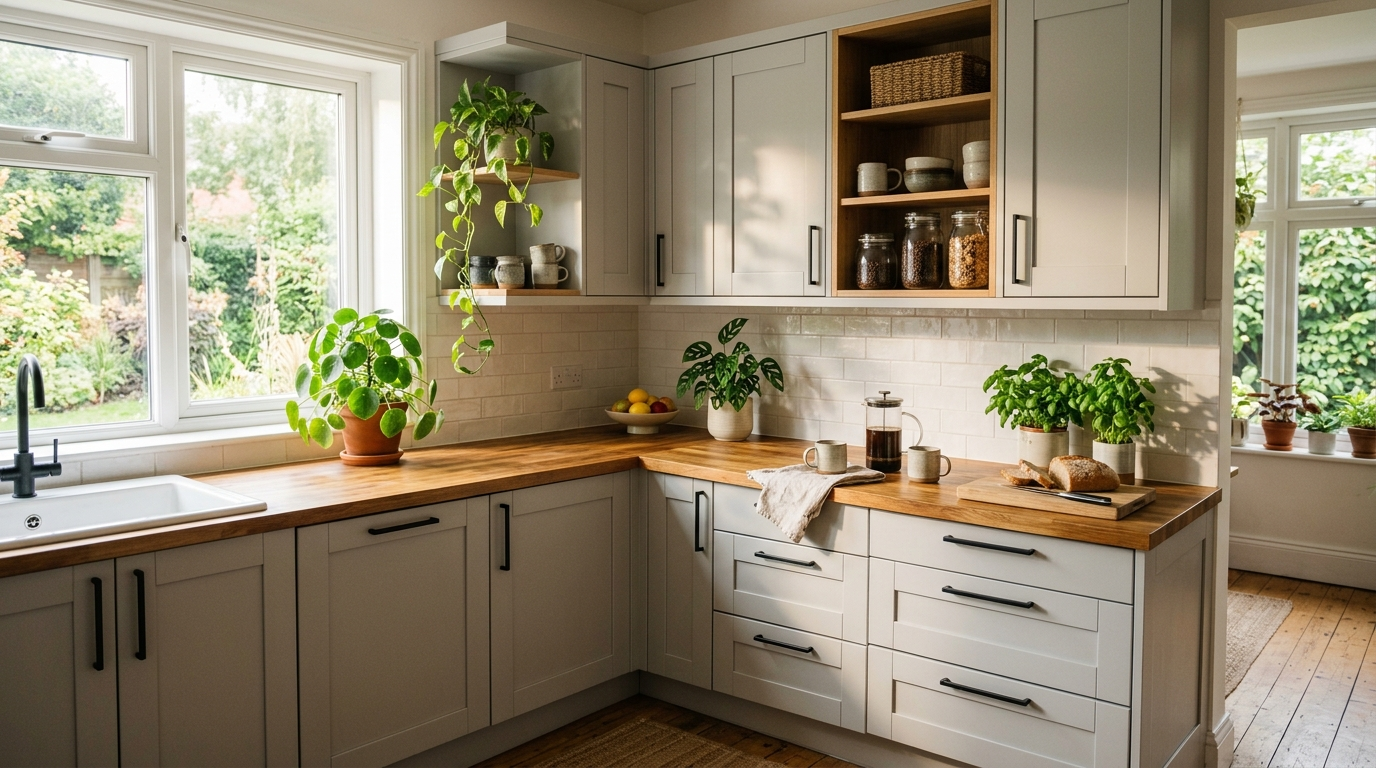 Grey Kitchen Cabinets Soft grey cabinets with modern door profiles, a butcher block countertop, indoor plants, and morning sunlight in a cozy kitchen.