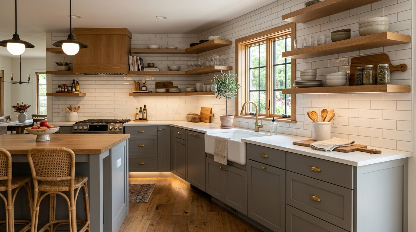Grey Kitchen Cabinets Gray kitchen cabinets with open wood shelving and a white subway tile backsplash in a modern farmhouse kitchen.