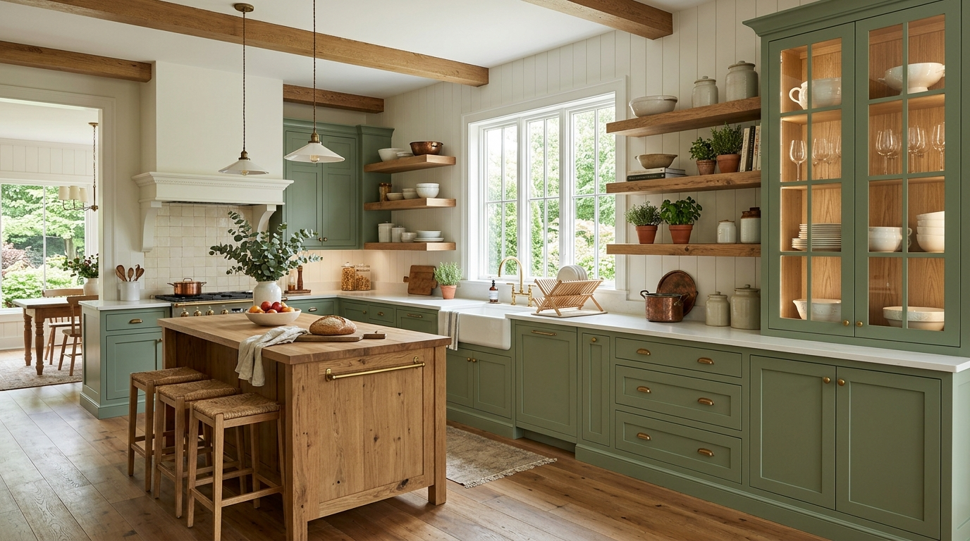 Country Style Kitchen Cabinets Spacious kitchen showcasing green country style kitchen cabinets, natural wood shelves, and clean lines