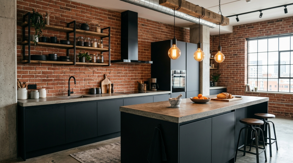 Handleless Kitchen Cabinets Industrial handleless kitchen cabinets pair with concrete countertops, exposed brick, and warm Edison pendant lighting over an island.