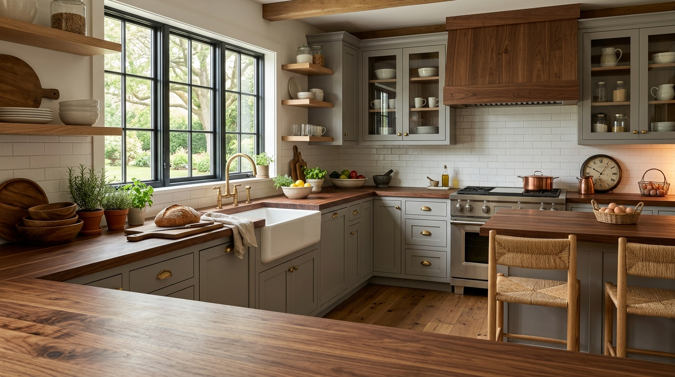 Country Style Kitchen Cabinets Country style kitchen cabinets with butcher block countertops layer wood on wood for maximum farmhouse warmth.