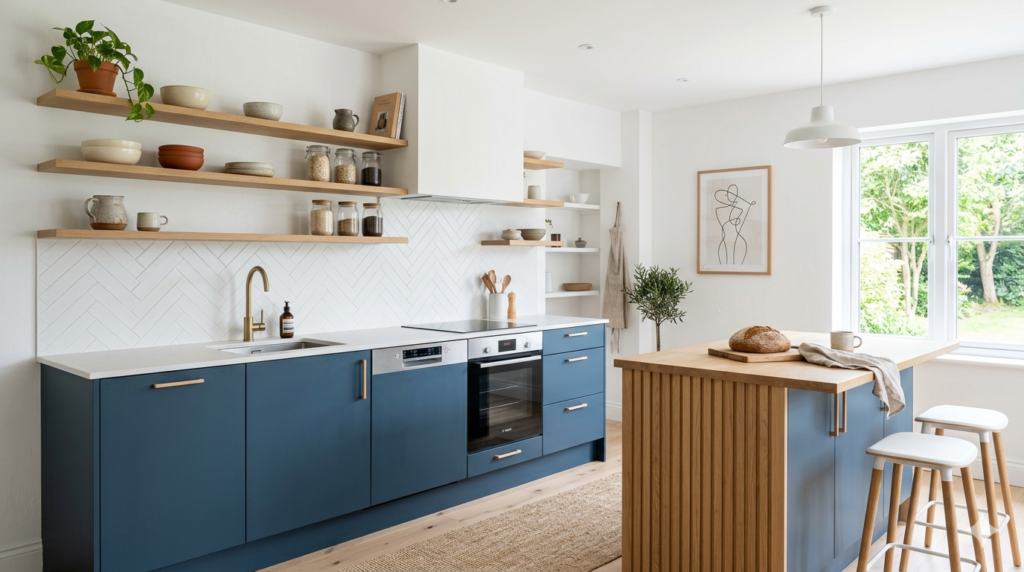 Blue Kitchen Cabinets Matte blue kitchen cabinets in a Scandinavian kitchen, light wood accents, white walls, minimalist styling