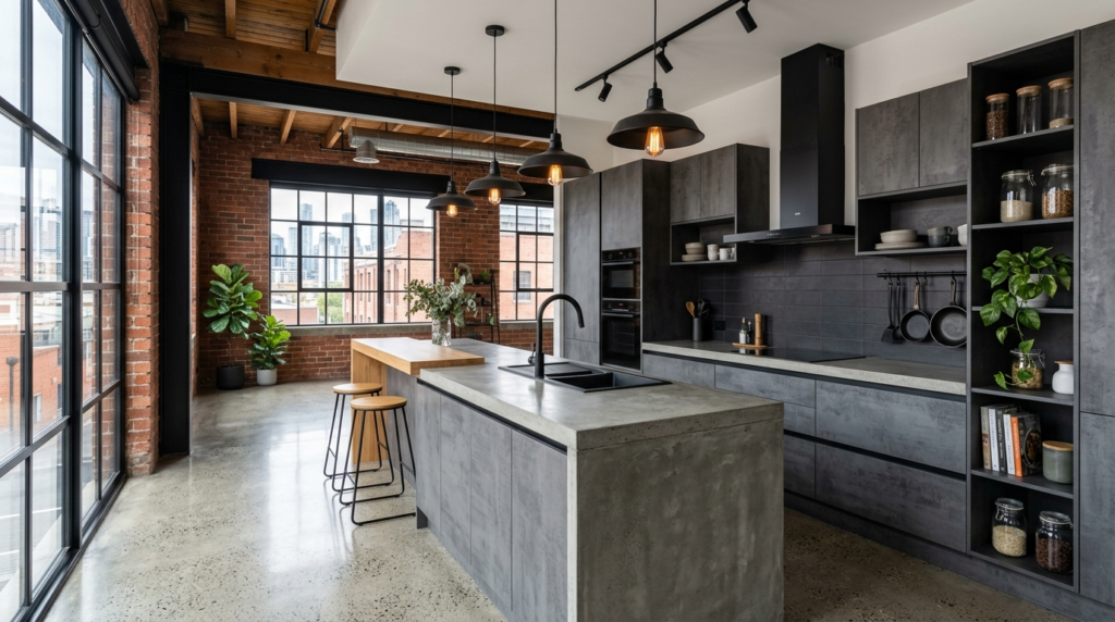 Concrete Look Kitchen Cabinets Urban loft kitchen, charcoal concrete look cabinets, matte black fixtures, polished concrete floor, modern atmosphere