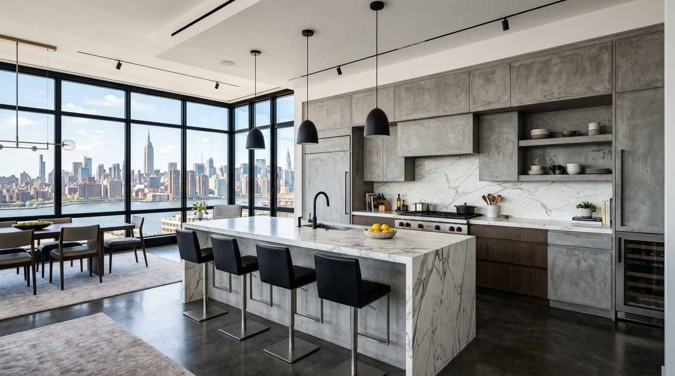 Concrete Look Kitchen Cabinets Luxury penthouse kitchen with concrete look cabinetry, floor-to-ceiling windows, city skyline views, premium finishes