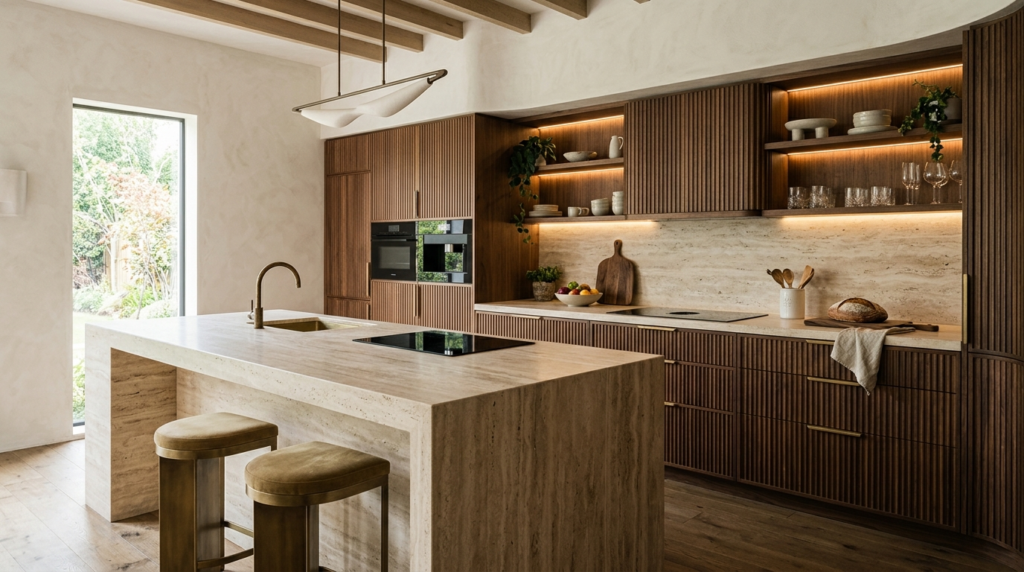 Walnut Kitchen Cabinets Pros and Cons Architectural walnut kitchen cabinets with curved fluted fronts, integrated warm LED lighting, vein-cut travertine surfaces, sculptural monolithic island, limewash walls
