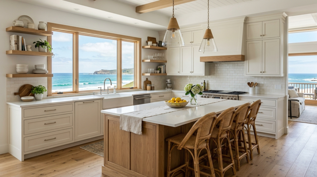 Classic Kitchen Cabinets Coastal classic kitchen cabinets with natural wood accents and ocean view
