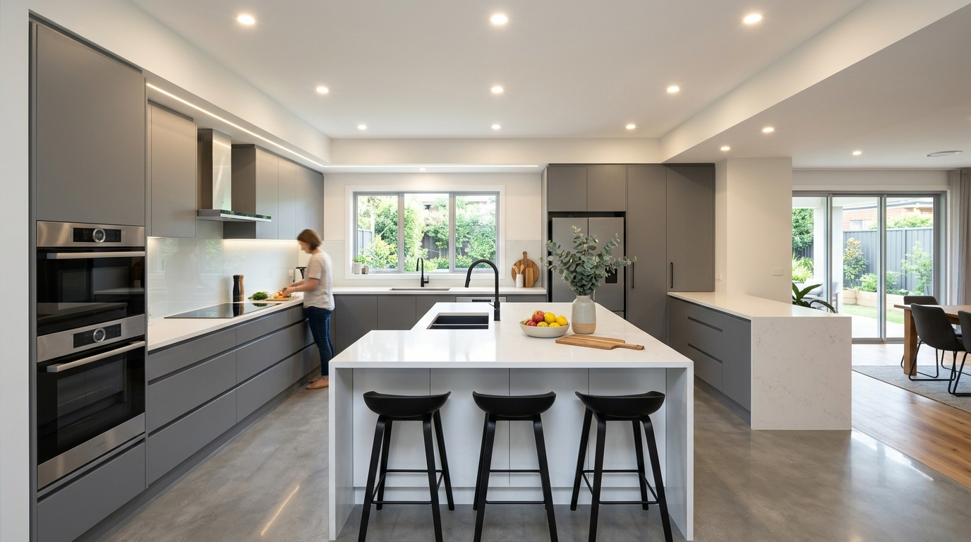 Grey Kitchen Cabinets Modern U-shaped kitchen with gray cabinets, a white island, a matte black faucet, and recessed lighting in a spacious layout.