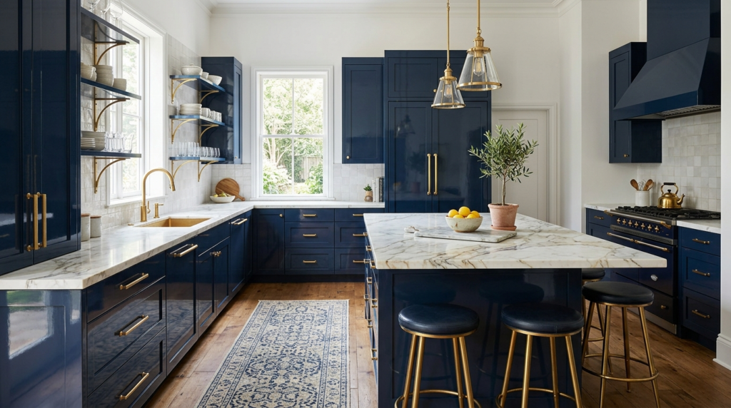 High Gloss Kitchen Cabinets Navy blue high gloss kitchen cabinets, brass hardware, marble countertop
