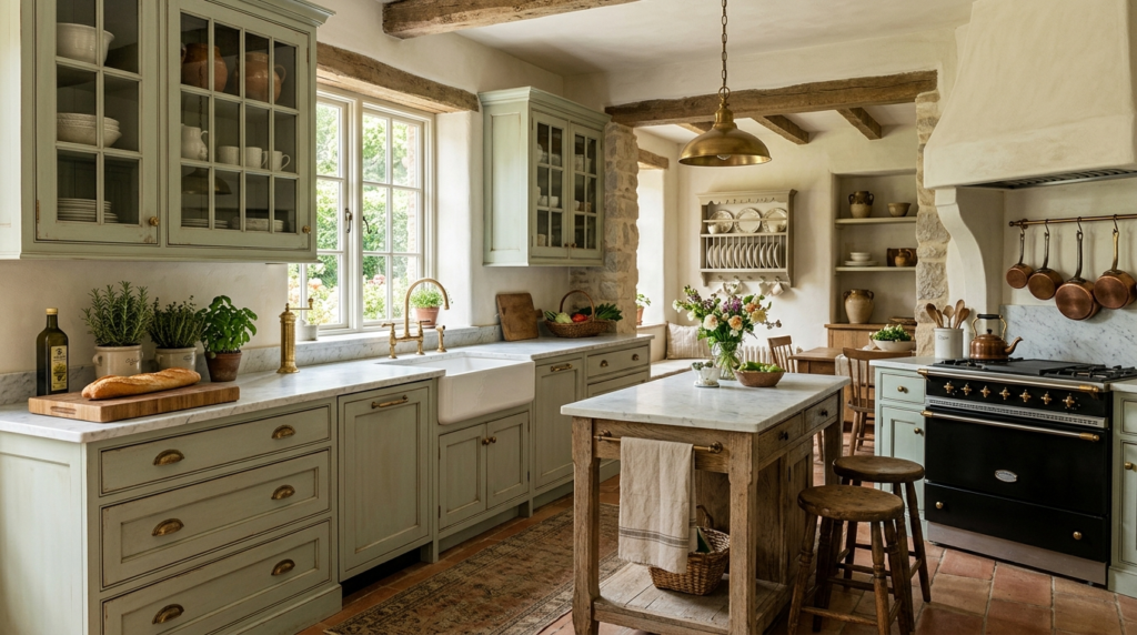 Country Style Kitchen Cabinets French country kitchen with soft sage green cabinets, antique brass hardware, marble countertops, elegant rustic details