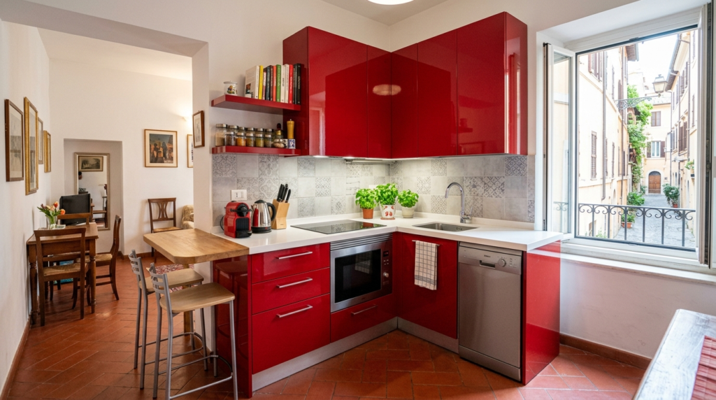 Italian Kitchen Cabinets Compact Italian kitchen cabinets in glossy red, featuring a smart space-saving design and a modern aesthetic.