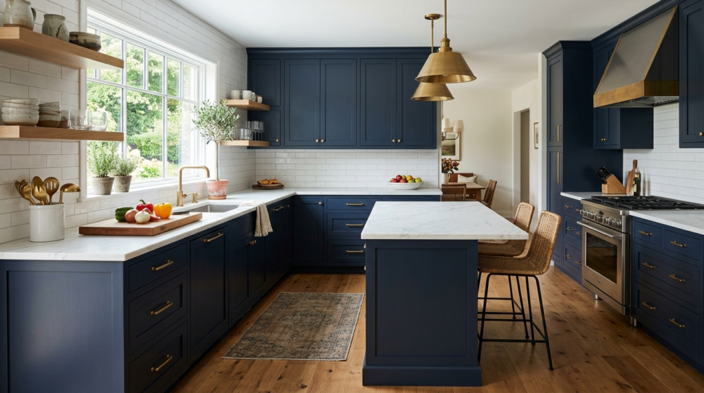 Designer Kitchen Cabinets, Made to Your Kitchen Deep navy kitchen cabinets with brass handles, white countertops, and warm wood flooring.