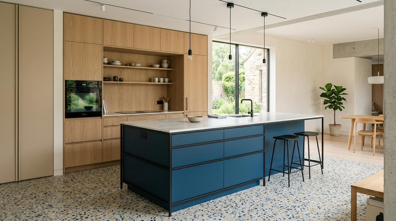 Blue Kitchen Cabinets Modern European kitchen interior, deep ocean blue island with thin metal trim details, surrounding cabinetry in warm beige and light oak veneer, terrazzo flooring, black minimal fixtures, clean architectural lines emphasizing island as sculptural object.