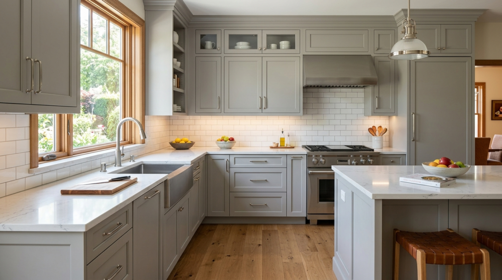 Designer Kitchen Cabinets, Made to Your Kitchen Custom kitchen cabinetry in soft gray with brushed metal hardware and quartz countertops.