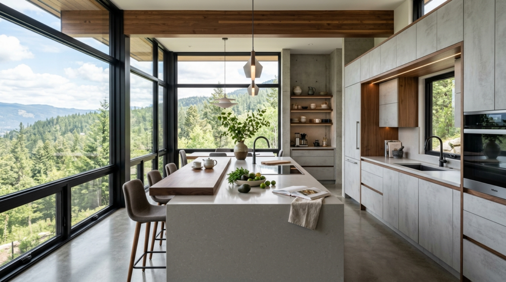 Concrete Look Kitchen Cabinets Luxury contemporary kitchen with light gray concrete look cabinetry, waterfall island, warm wood details, panoramic windows