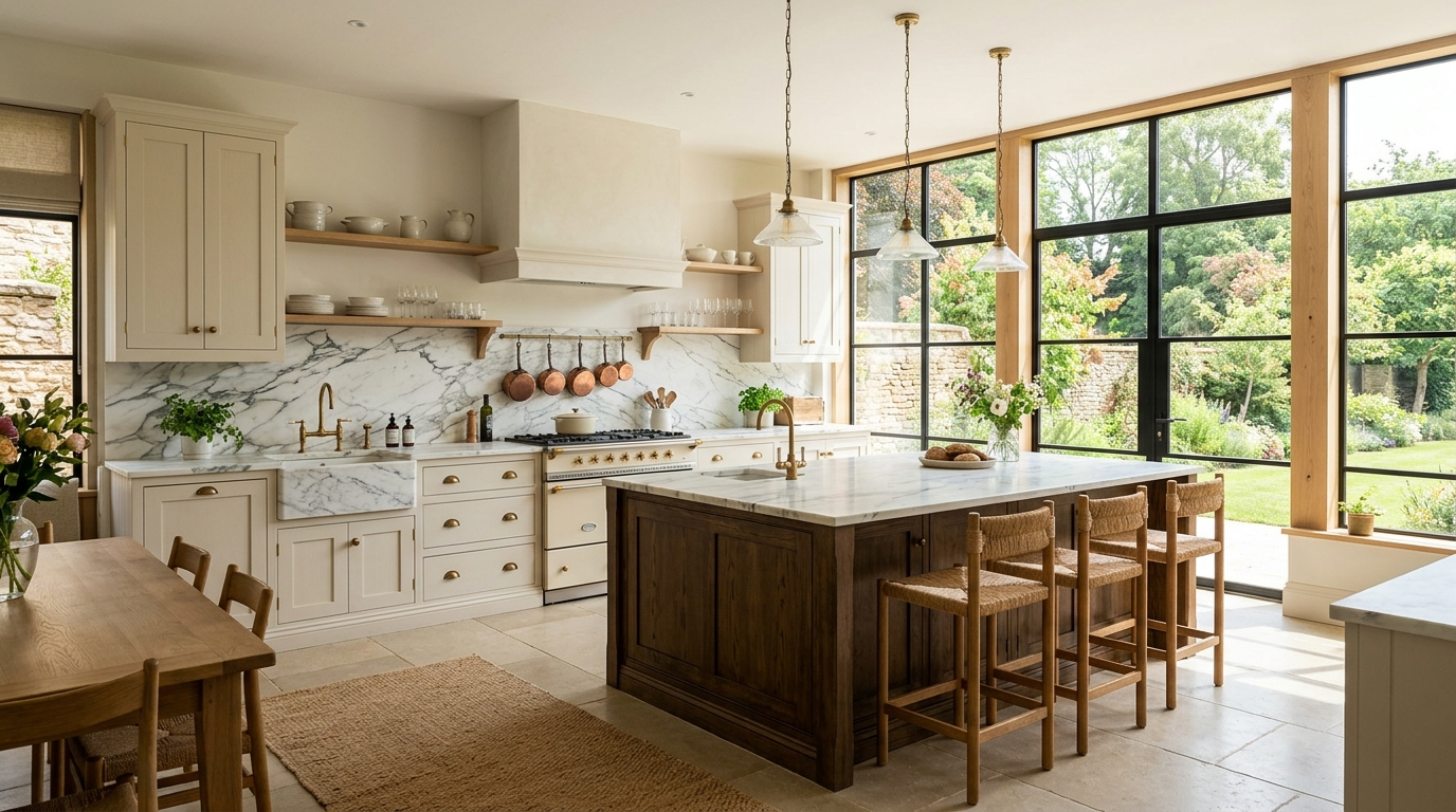 Country Style Kitchen Cabinets Modern shaker country style kitchen cabinets paired with marble countertops and floor-to-ceiling windows