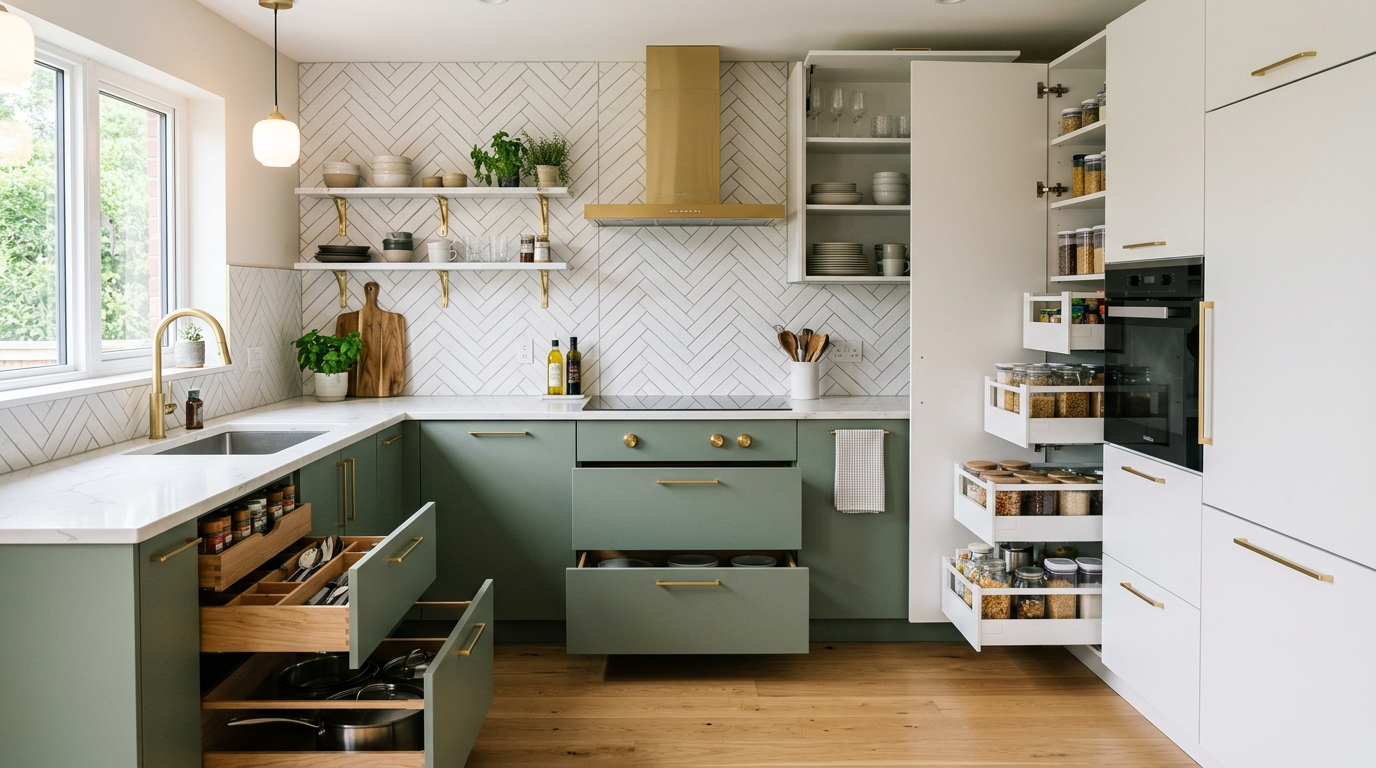 Frameless Kitchen Cabinets A two-tone frameless kitchen has a good interior organization system