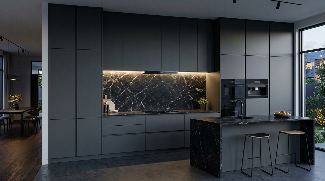 Frameless Kitchen Cabinets Black frameless kitchen cabinet design brings depth and a special vibe.