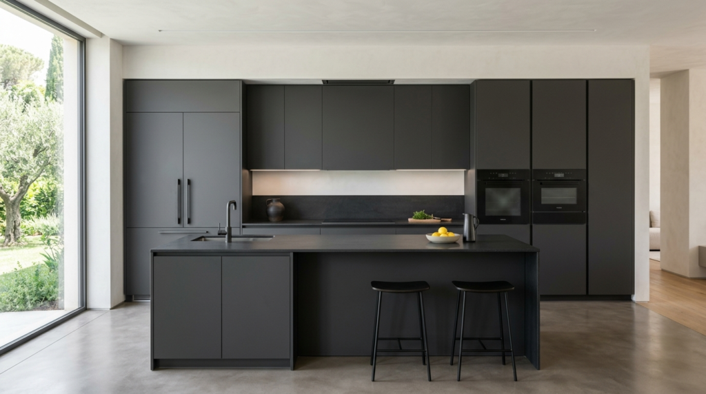 Italian Kitchen Cabinets Minimalist Italian kitchen cabinets with deep charcoal flat panels, seamless countertops, and hidden appliances.