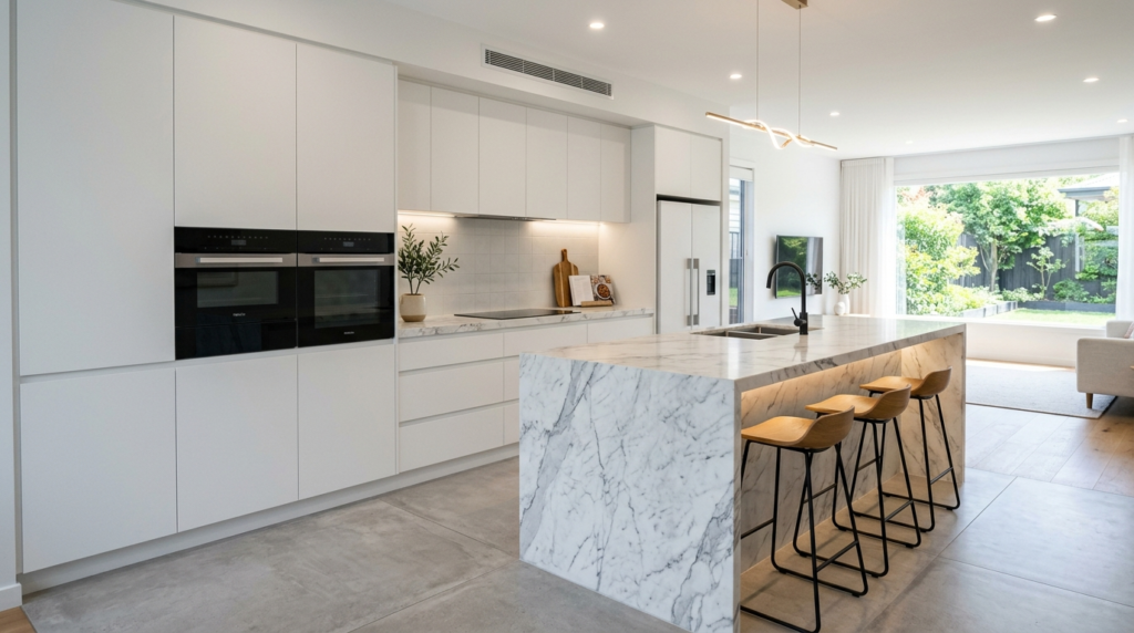 Designer Kitchen Cabinets, Made to Your Kitchen Modern kitchen cabinets in matte white with handleless doors, a marble island, and built-in appliances.