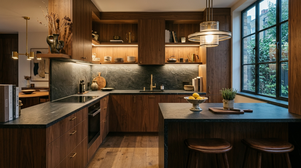 Light vs Dark Walnut Kitchen Cabinets: Which Finish Works Best? Walnut kitchen cabinets in a boutique hotel-inspired interior, layered lighting, curated decor objects, textured stone surfaces, understated luxury aesthetic